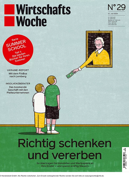 Das Cover der Zeitschrift Wirtschaftswoche. Als Titelbild im Comicstil ist ein Portrait von einer älteren Person zu sehen. Es hängt im Bilderrahmen an der Wand. Die Person reicht den zwei davor stehenden Buben, die das Portrait betrachten, einen Geldschein. In fetter Schrift darunter: Richtig schenken und vererben.