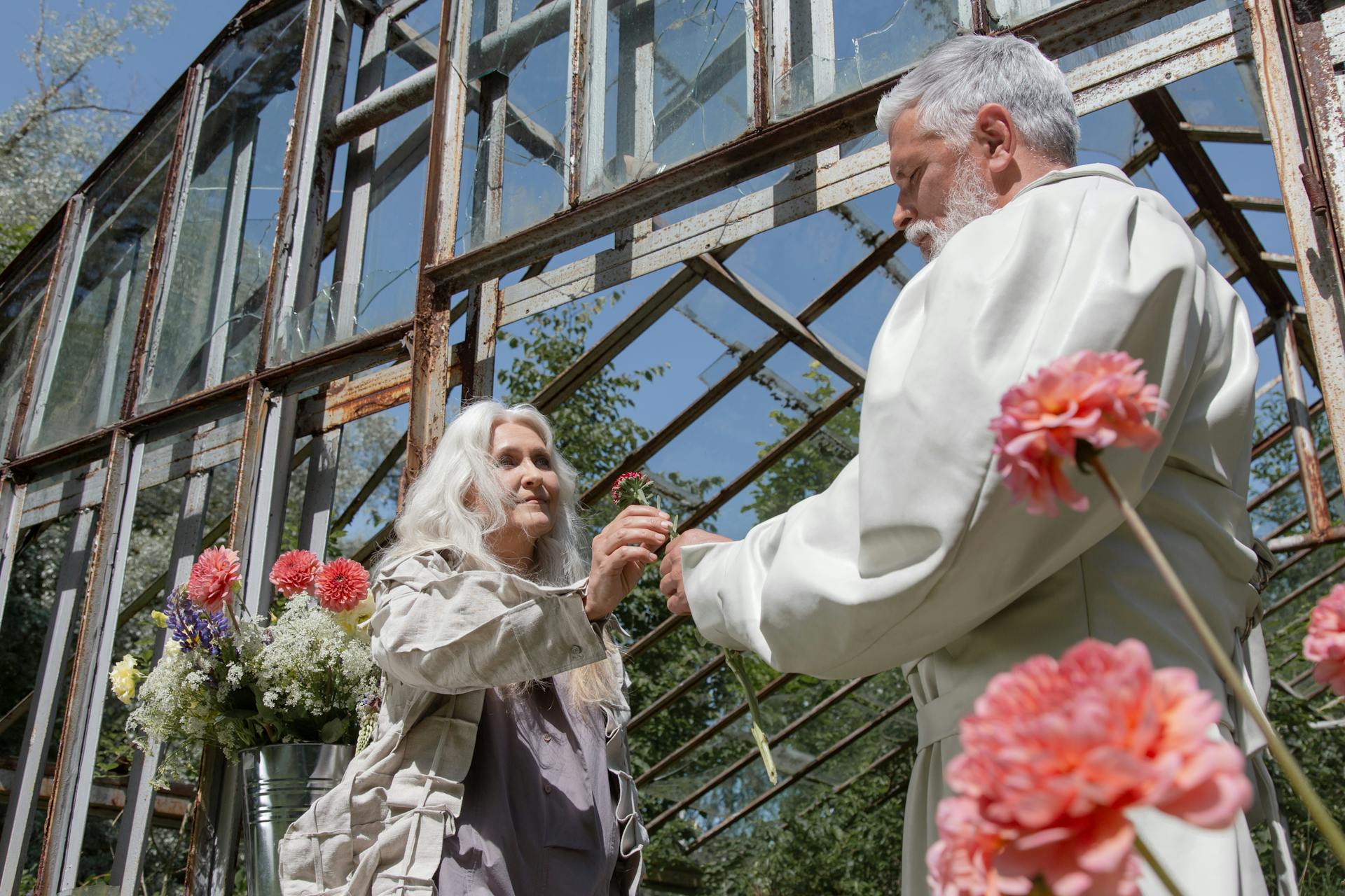 älteres Pärchen Mann überreicht Frau eine Rose