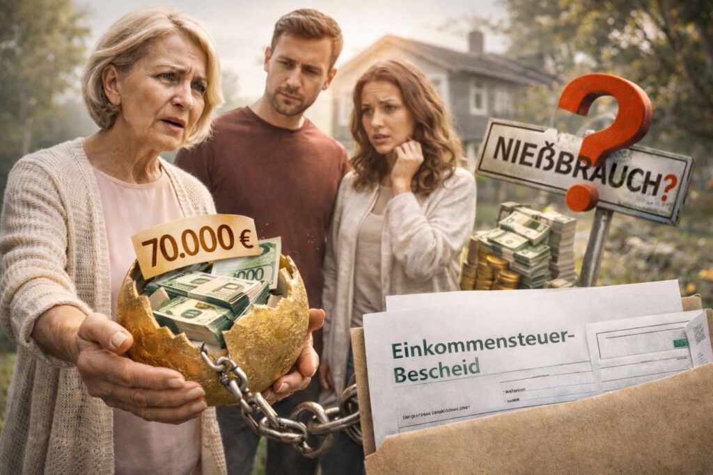 Ältere Frau hält 70.000 Euro in einer goldenen Kugel, im Hintergrund besorgtes Paar, Schild mit „Nießbrauch?“ und Einkommensteuerbescheid – Symbolbild zur Steuerpflicht bei entgeltlichem Nießbrauchsverzicht