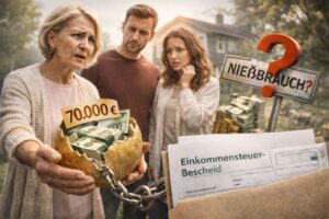 Ältere Frau hält 70.000 Euro in einer goldenen Kugel, im Hintergrund besorgtes Paar, Schild mit „Nießbrauch?“ und Einkommensteuerbescheid – Symbolbild zur Steuerpflicht bei entgeltlichem Nießbrauchsverzicht