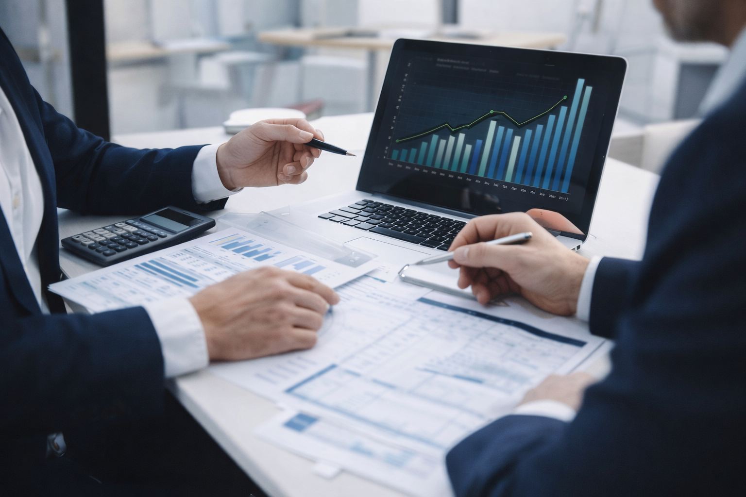 Businessmeeting mit zwei Beratern im Anzug, die Finanzunterlagen und Diagramme am Laptop analysieren, Fokus auf Unternehmensbewertung und Zahlenanalyse im Büro