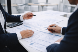 Zwei Berater im Anzug analysieren Finanzunterlagen und Zahlen auf einem Tisch im Büro, Fokus auf Unternehmensbewertung und Vermögensanalyse