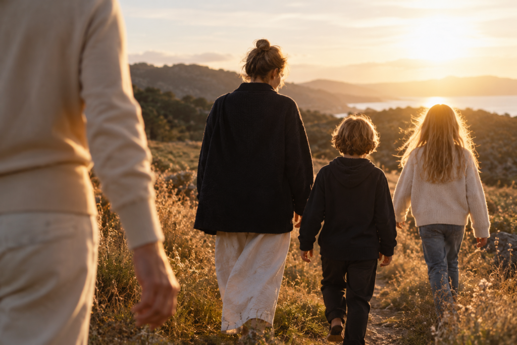 Familie geht gemeinsam im Abendlicht – Symbolbild für Vermögensübertragung und Schenkung einer Kapitallebensversicherung unter Nießbrauchsvorbehalt.