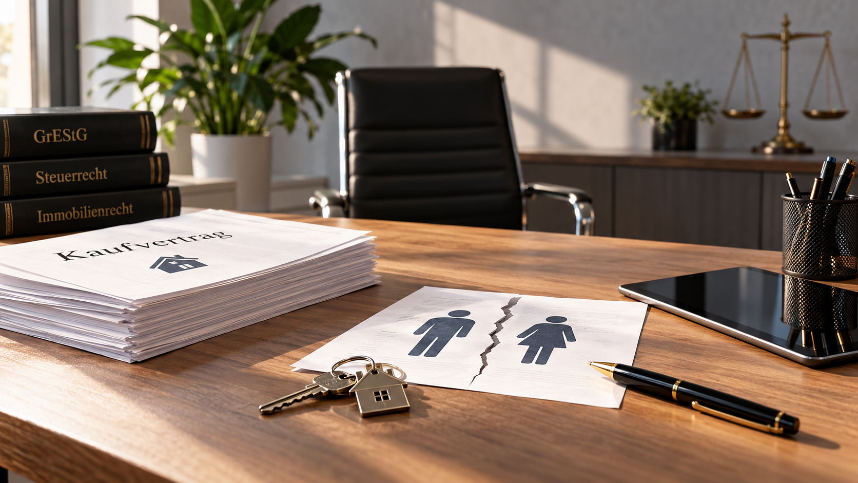 Schreibtisch mit Kaufvertrag, Hausschlüsseln und Unterlagen zum gemeinsamen Immobilienkauf und Ausscheiden eines Miterwerbers.