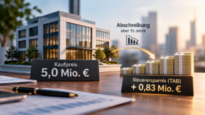 Visualisierung des Tax Amortisation Benefit bei einem Unternehmenskauf: Kaufpreis, Abschreibung über 15 Jahre und steuerlicher Vorteil für den Käufer