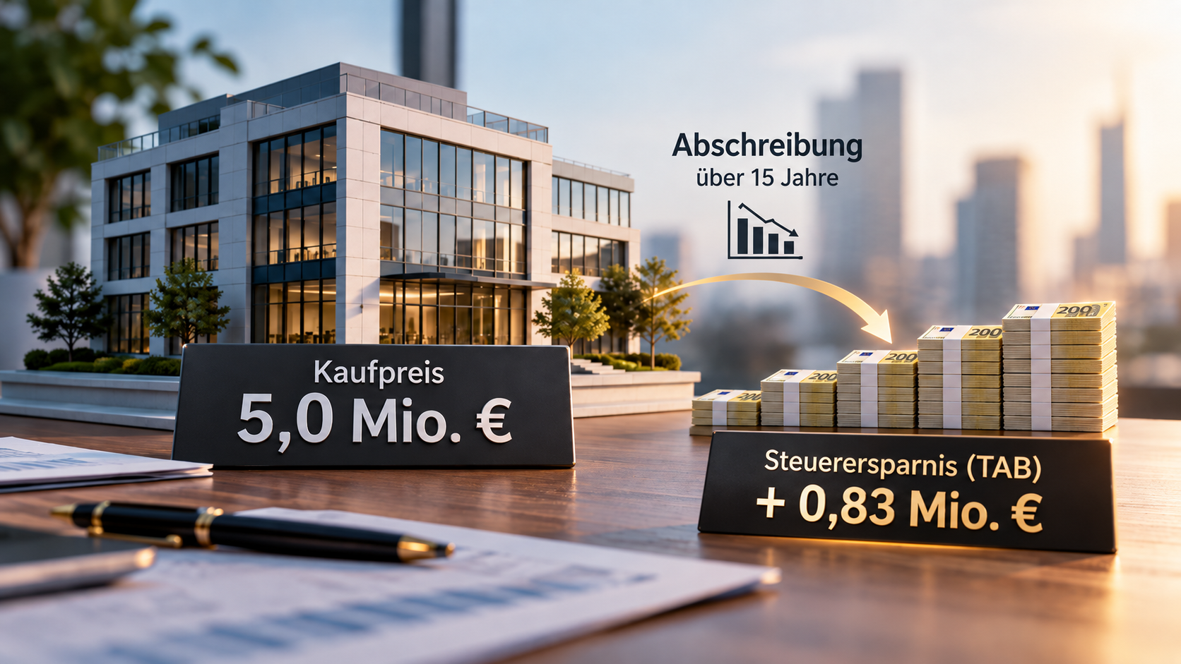Visualisierung des Tax Amortisation Benefit bei einem Unternehmenskauf: Kaufpreis, Abschreibung über 15 Jahre und steuerlicher Vorteil für den Käufer